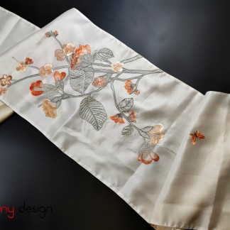 White organza silk scarf hand-embroidered with orchids 40*200 cm